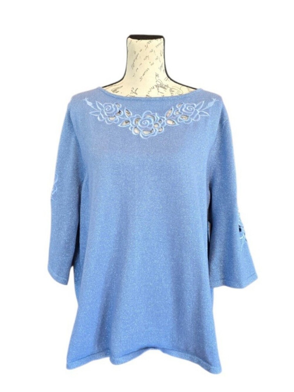 Bob Mackie Ice Blue Metallic 3/4 Sleeve Top 1X